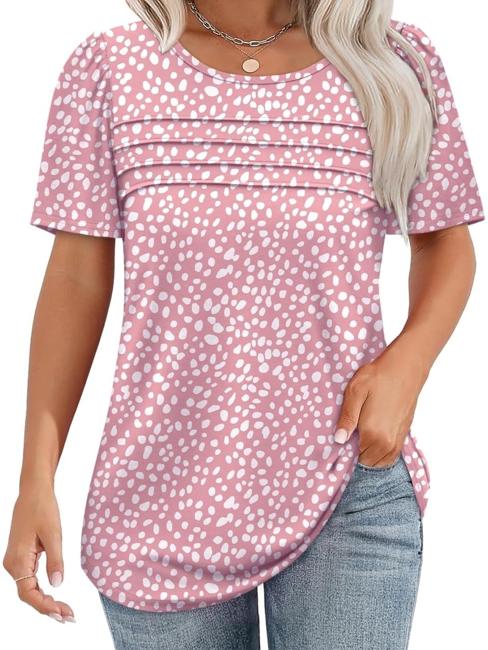Women's Short Sleeve Loose Fit Pink and White Animal Print Top